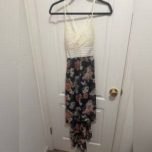 J for Justify Cream Lace Bodice Navy Floral High-Low Dress